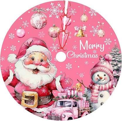 Pink Christmas Tree Skirt Santa Snowflaks Truck Christmas Decorations Xmas House Decor Winter Holiday Party Xmas Tree Skirt 36 inches