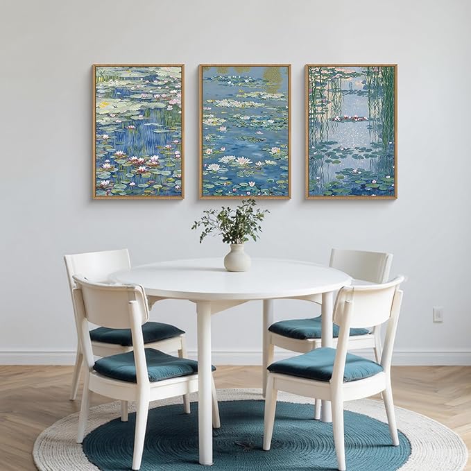 Large Nature Lilies Ponds Framed Canvas Wall Art,Impressionist Flower Wall Decor,Claude Monet Style Wall Painting,Garden Botanical Artwork for Living Room,Bedroom,Dining Room,Office -16"x24"x3