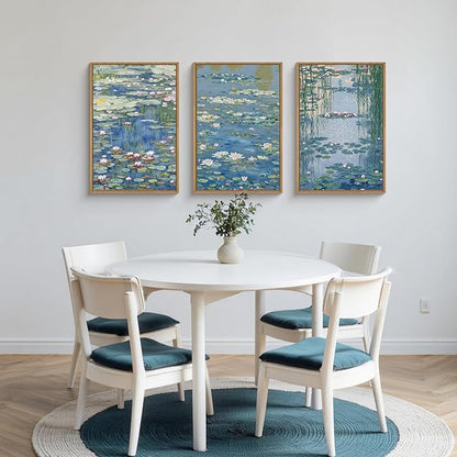 Large Nature Lilies Ponds Framed Canvas Wall Art,Impressionist Flower Wall Decor,Claude Monet Style Wall Painting,Garden Botanical Artwork for Living Room,Bedroom,Dining Room,Office -24"x36"x3