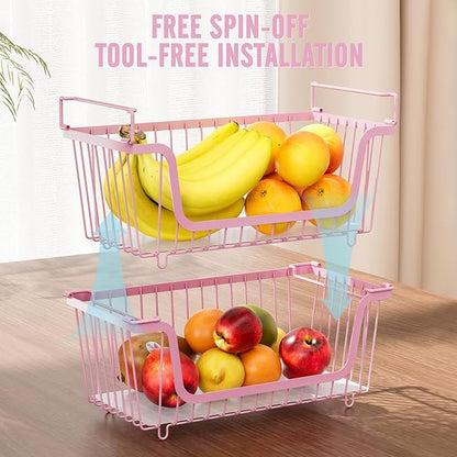 4 Pcs Stackable Wire Baskets for Pantry Organizers and Storage,Vegetable Fruit Basket for Countertop,Kitchen Storage Metal Baskets,Produce Potato Onion Storage Bin,pink
