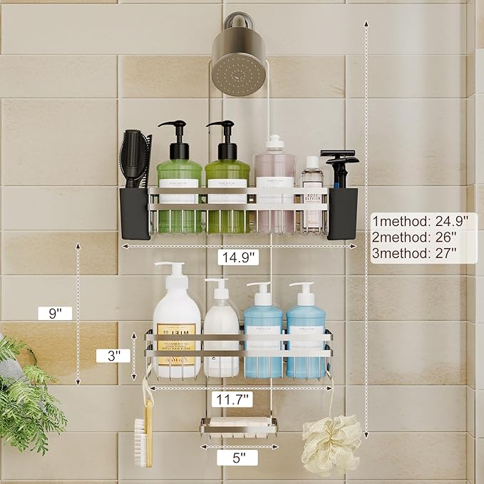 Shower Caddy Hanging for Bathroom Organizers and Storage, Adjustable Anti-Swing Shower Organizer for Wall-Mounted Showerhead with Heavy-Duty Suction Cups, Damage-Free Rustproof (Chrome)
