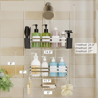 Shower Caddy Hanging for Bathroom Organizers and Storage, Adjustable Anti-Swing Shower Organizer for Wall-Mounted Showerhead with Heavy-Duty Suction Cups, Damage-Free Rustproof (Chrome)