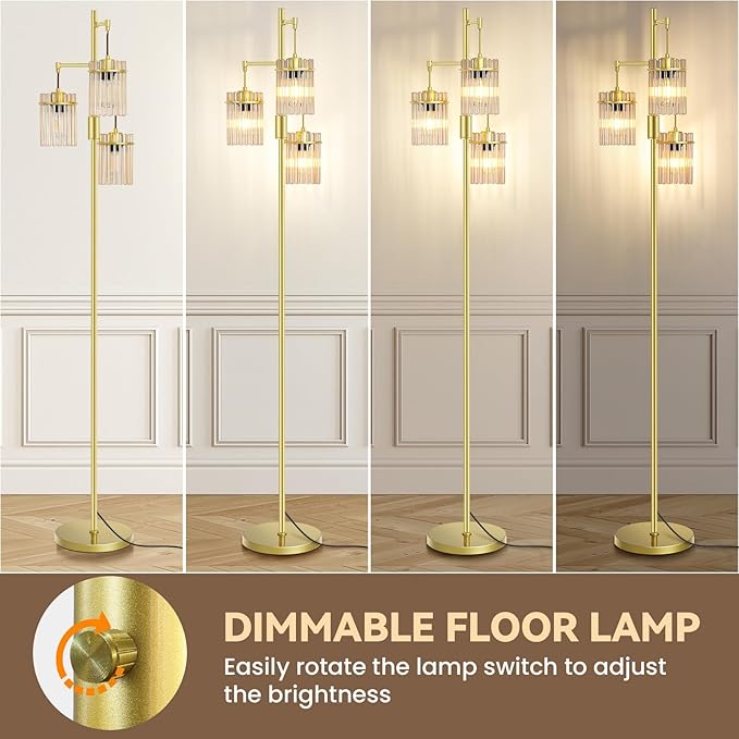 Industrial Modern Floor Lamps for Living Room, Dimmable Glass Tree Standing Tall Lamps with 3 Elegant Teardrop Cage Head & 800 Lumens LED Bulbs for Bedroom Office (65inch Tall)