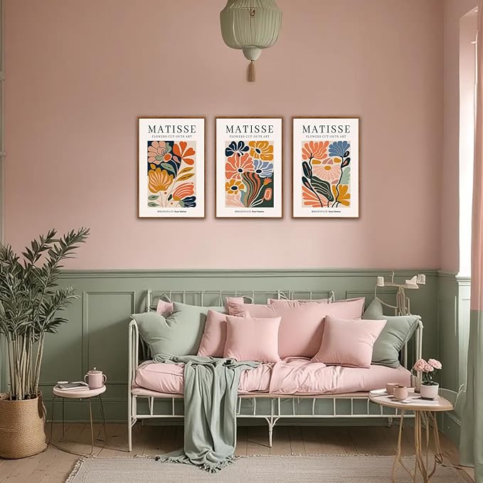 HLNIUC Framed Matisse Picasso Canvas Wall Art,Henri Matisse Flower Wall Decor Set of 3(16”x24’)Modern Aesthetic Pictures Wall Painting,Colorful Abstract Floral Market Art Print for Living Room,Office