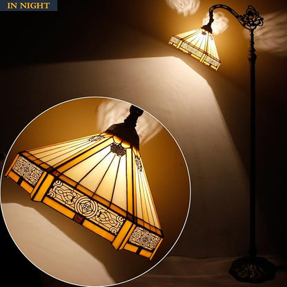 WERFACTORY Tiffany Floor Lamp Mission Hexagon Stained Glass Arched Lamp 12X18X64 Inches Gooseneck Adjustable Corner Standing Reading Light Decor Bedroom Living Room S011 Series