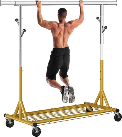 Heavy Duty Clothes Rack Load 530 LBS Metal Clothing Garment Rack Hang 200 pieces of clothing on Wheels Rolling Portable Collapsible & Adjustable with Hook for Hanging Clothes Gold