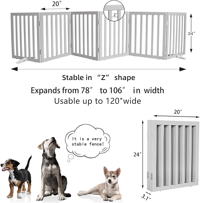 Dog Gate Indoor, Freestanding Dog Fence for The House, Doorways, Hallways,or Stairs,Pet Gate Foldable Wooden,Expandable 24" Height 6 Panels,Grey