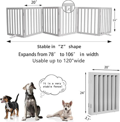 Dog Gate Indoor, Freestanding Dog Fence for The House, Doorways, Hallways,or Stairs,Pet Gate Foldable Wooden,Expandable 24" Height 6 Panels,Grey