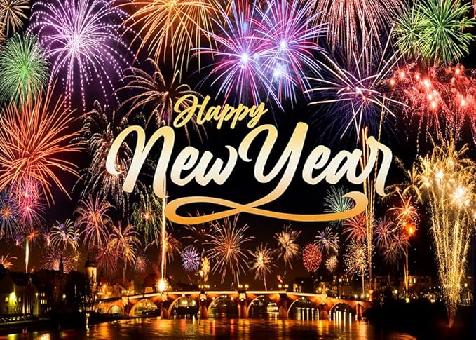 CYLYH 7X5FT Happy New Year Backdrop New Year's Eve Night City Fireworks Show Backdrop New Year Party Decorations