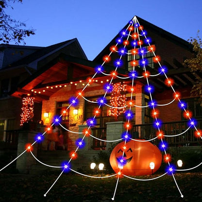 16.4 Ft Halloween Spider Webs Lights Decorations 250 Purple & Orange LED Lights with 40 Small Spiders, Halloween Giant Spiderweb Lights Outdoor Decor for Yard Haunted House Party