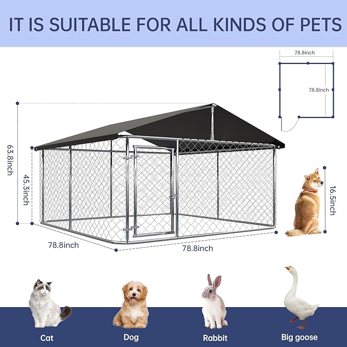 Petonly Outdoor Dog Enclosure Heavy Duty Dog Kennel House Mesh Dog Big Cage Pet Kennel Steel Fence with Secure Lock (79”x 79”)