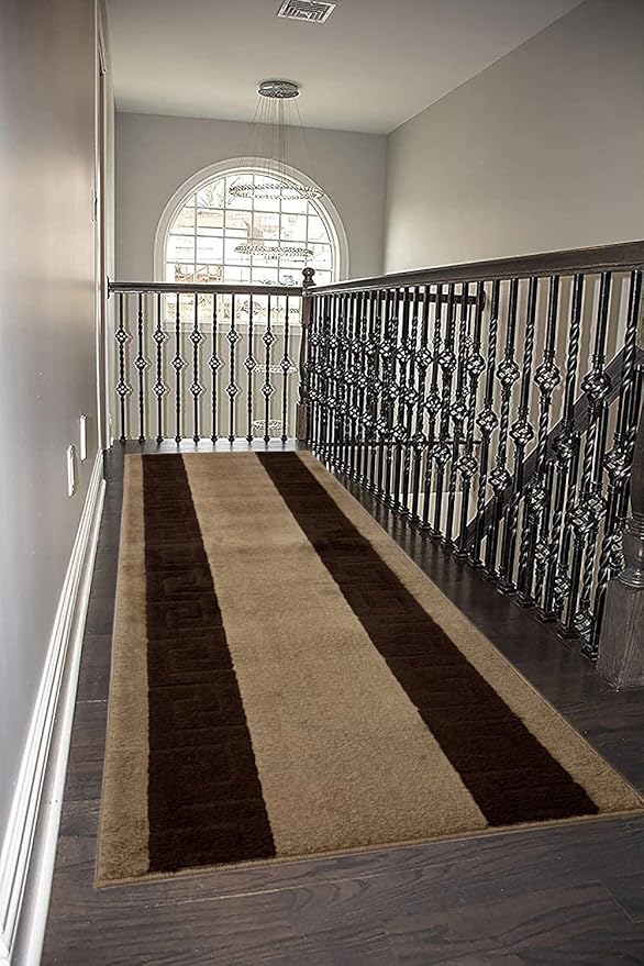 Washable Custom Size Runner Rug Meander Design Beige Brown, (4 Feet Length x 26 Inch Width) Custom Cut Slip Resistant Rubber Backing Runner Rugs, Extra Long Runner Rugs for Hallways
