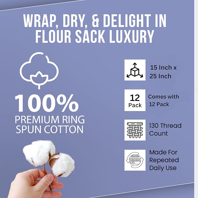 WHITEWRAP Flour Sack Towels| Tea Towel for Crafts| Kitchen Dish Cotton Blank Towel for Embroidery|Baking Bread Proofing Linen Cover| Thick Absorbent Quick Dry| 12 Pack 15"x25" White