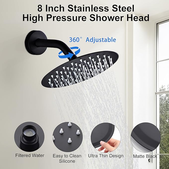 HUCKLE Shower Faucet Set with Shower Head, 8-Inch Black Shower Faucet with Valve, Single-Handle Rainfall Shower Head, Matte Black Shower Head for Bathroom