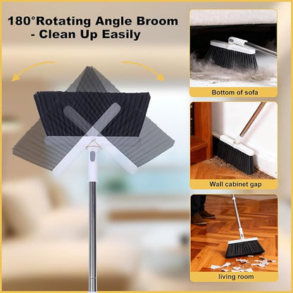 Upgrade Broom with Dustpan Combo Set Heavy Duty, Ergonomic Adjustable Handle, Cleaning Teeth, Ideal for Pets, Indoor and Outdoor Sweeping（White）