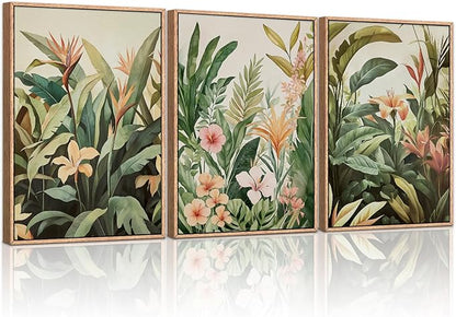 HLNIUC Boho Tropical Leaves Wall Art,Modern Abstract Floral Canvas Wall Decor Set of 3(16”x24”) Green Plant Banana Leaf Painting,Tropical Botanical Jungle Art Print for Living Room,Bedroom,Office