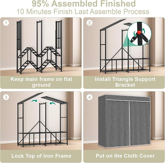 95% Assembeld Strong Garment Rack, Premium Metal 75" L Extra Large Heavy Duty Clothes Rack with Cover, Portable Foldable Freestanding Strong Clothes Racks for Hanging Clothes, Black