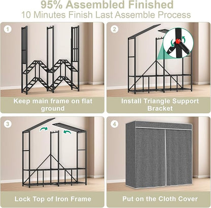 95% Assembeld Strong Garment Rack, Premium Metal 75" L Extra Large Heavy Duty Clothes Rack with Cover, Portable Foldable Freestanding Strong Clothes Racks for Hanging Clothes, Black