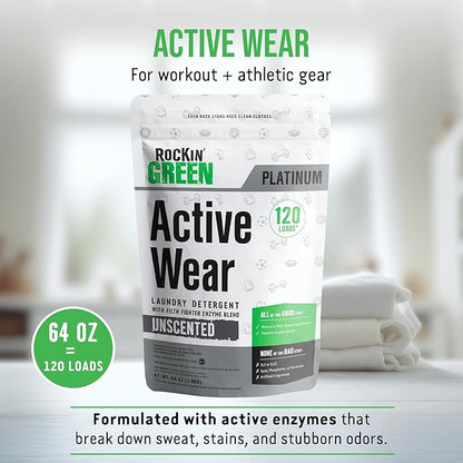 Rockin' Green Laundry Detergent, Plant based, All Natural Laundry Detergent Powder, Vegan and Biodegradable Odor Fighter, Safe for Sensitive Skin (Active Wear 120 Loads - Unscented)