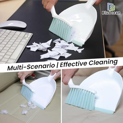 Mini Broom and Dustpan, Plus an Adhesive Hook Set, 7" Dustpan Opening, Bristles for Hair and Small Debris, Mini Portable Hand Brush for Pet, Sofa, Desk, Kitchen (White & Fern Green)