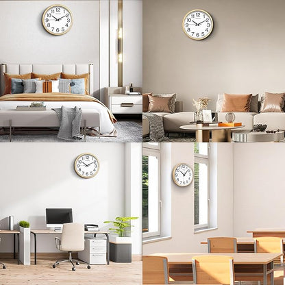Wall Clock, 13 Inch Large Dial Non-Ticking Silent Battery Operated Quality Analog, Ultra-Quiet Movement Quartz, Timeless Stylish Clock, Ideal Modern Home, Office Décor (Gold)