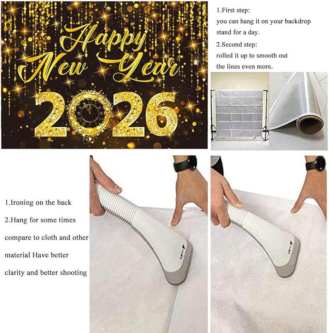 2026 Happy New Year Backdrop Black Gold New Years Eve Photography Background Gold Glitter Backdrop for 2026 New Year Party Decorations (8x6FT（240x180cm）)