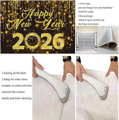2026 Happy New Year Backdrop Black Gold New Years Eve Photography Background Gold Glitter Backdrop for 2026 New Year Party Decorations (7x5FT（210x150cm）)