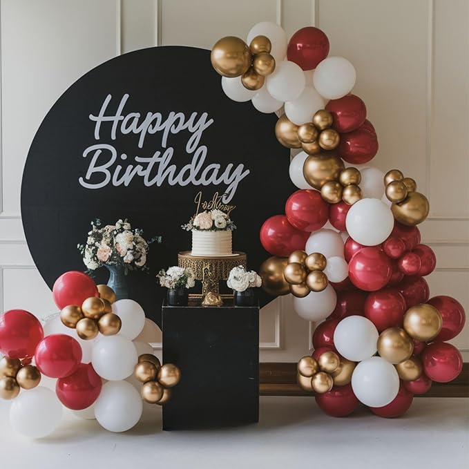Red and Gold Balloons, 12 Inch Burgundy Gold Balloons, Maroon Balloons, Metallic Gold Dark Red White Latex Balloons Helium Support for Wedding Anniversary Engagement Birthday Party Decorations