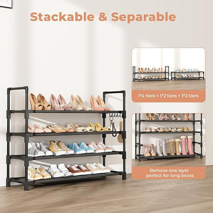 4 Tier Shoe Rack, Shoe Organizer Storage for 16-20 Pair Boot and Sneaker, Stackable Free Standing Shoe Shelf with Hooks and Side Pocket, Space Saving Shoes Rack for Closet, Entryway