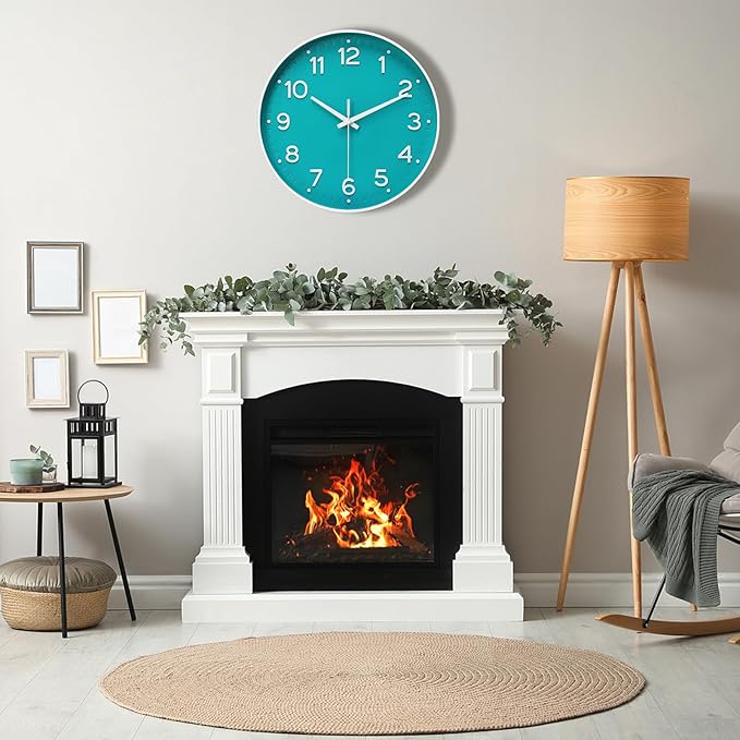 MEIRED Wall Clock 12 Inch Silent Non Ticking Battery Operated Round Wall Clock Modern Simple Style Decor Clock for Home/Office/School/Kitchen/Bedroom/Living Room, Teal and White