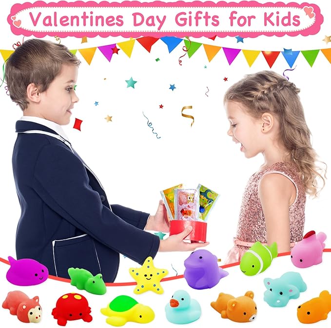 28 Packs Valentine Mochi Squishy Toys with Valentine Cards Animal Squishies for Kids Valentines Day Gift Exchange Classroom Prizes Valentine Party Favors Supplies
