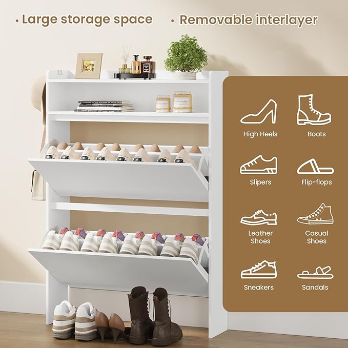 Shoe Cabinet Organizer with 2 Flip Drawers，Freestanding Shoe Rack Cabinet, Shoe Cabinet Storage for entryway, Foyer, Hallway, White, 31.5" W