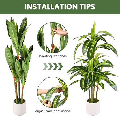 Artificial Dracaena Fake Tree 4FT, White High Pot Artificial Plants Indoor&Outdoor, Fake Plants for Office/Home/Living Room Potted Decoration, 4ft
