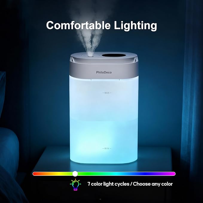PHILODECO 4.5L Cool Mist Humidifier for Bedroom, Baby Nursery & Plants – Ultrasonic, Silent, with Aroma Diffuser, Multi-Color LED Night Light, Leak-Proof and Easy to Clean