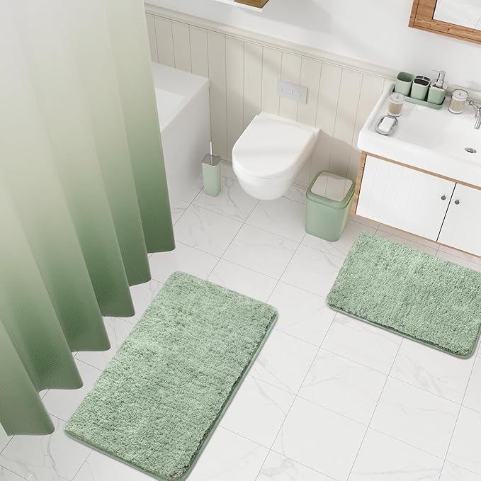 Sage Green Bathroom Set - 24PC Bathroom Sets with Shower Curtain and Rugs, Sage Green Bathroom Accessories Set with Press-on Lid Bathroom Trash Can, Soap Dispenser
