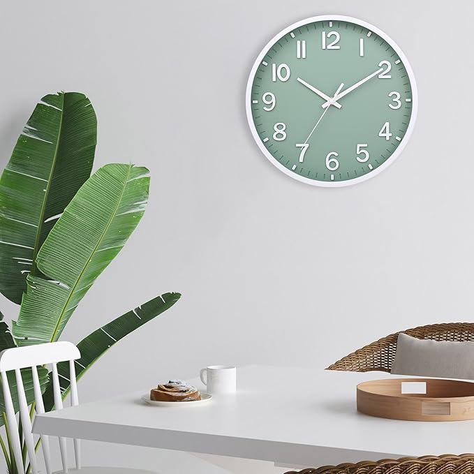 Wall Clocks Battery Operated 12 inch Modern Wall Clock,Silent Non Ticking Wall Clock for Living Room Bedroom Kitchen Office Classroom Decor (Green White)
