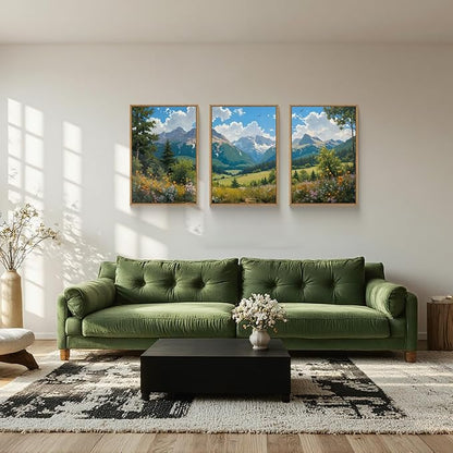 HLNIUC Green Forest Mountain Landscape 3 Piece Wall Art Framed, Colorful Wildflower Nature Wall Decor(16x24), Blue Sky White Cloud Canvas Painting, Woodland Tree Print for Living Room, Bedroom, Office
