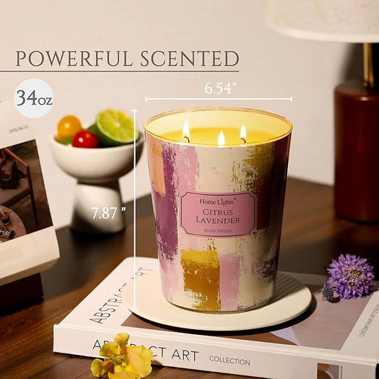 HomeLights Scented Candles | Large Jar 34 Oz Natural Soy Candle | 130 hrs Long-Lasting with 3 Wicks | Scandinavian Minimalist Home Decor | Gifts for Mom & Women, Citrus Lavender