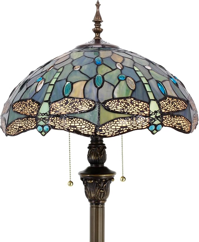 Tiffany Floor Lamp Sea Blue Stained Glass Dragonfly Style 16X16X70 Inch Antique Standing Reading Light