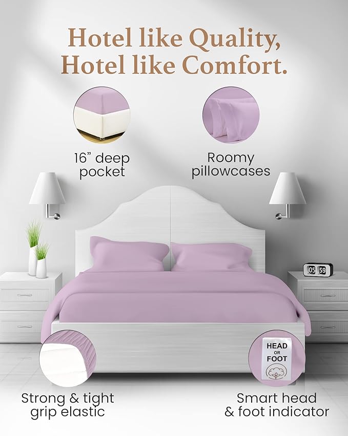 4 Pc Lavender Full Size Bed Sheets Set, 1000 TC Egyptian Cotton Sheets Full Size, Soft Comfy Double Bed Sheets Bed Set, 16" Deep Pocket Full Sheet Set - 1 Fitted Sheet, 1 Flat Sheet & 2 Pillow Case