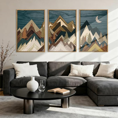 BINCUE Framed Mountain Wall Art Landscape Wall Decor Moon and Nature Artwork for Bedroom Living Room Office 16x24 Inches Set of 3
