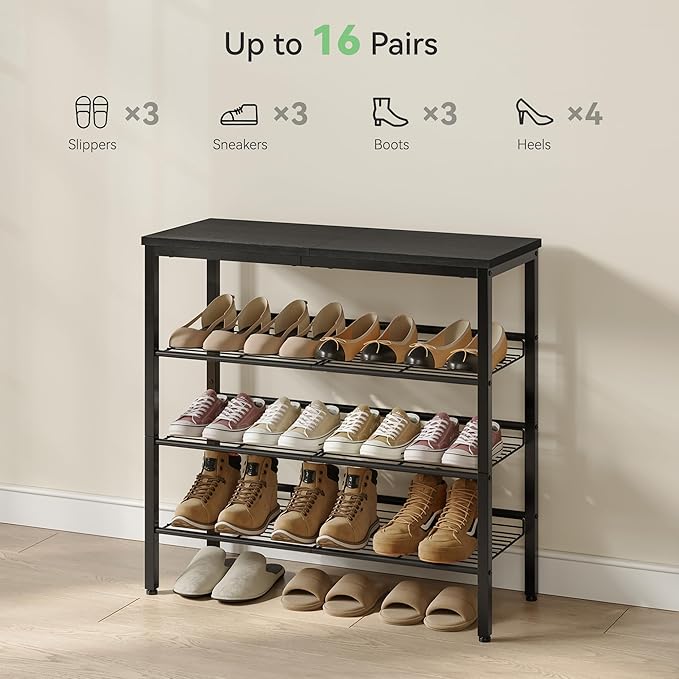 Shoe Rack for Closet,4 Tier Shoe Organizer for Entryway,Shoe Shelf with Storage Shelves and Spacious Top,Max Holds 16 of Shoes,Black