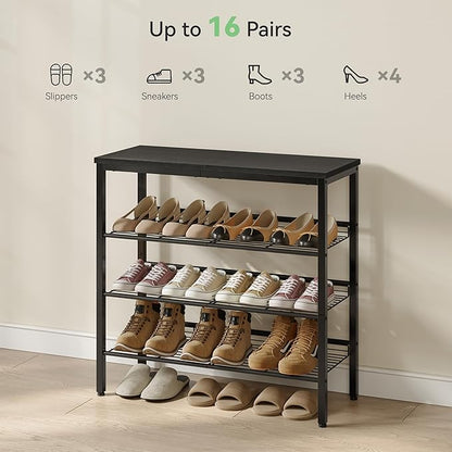 Shoe Rack for Closet,4 Tier Shoe Organizer for Entryway,Shoe Shelf with Storage Shelves and Spacious Top,Max Holds 16 of Shoes,Black