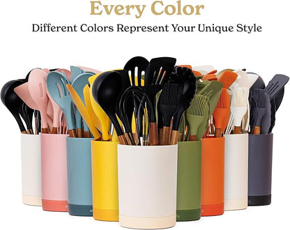 Silicone Kitchen Utensils Set & Holder: Cooking Utensils Set - Kitchen Essentials for New Home & 1st Apartment- Silicone Spatula Set, Cooking Spoons for Nonstick Cookware (Acacia Wood, Oange)