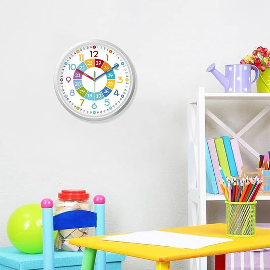 XFM Colorful Kids Analog Wall Clocks 12 inch Silent Non Ticking Battery Operated Learning Clock Modern Teaching Wall Clock for Nursery Kids Room Classroom Decor