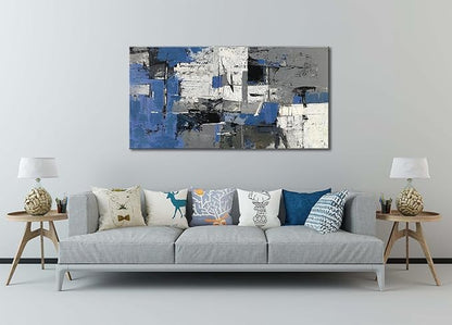 Large Abstract Wall Art for Living Room - Blue Grey and White Print Paintings -Framed Modern Canvas Artwork Decor for Bedroom Bathroom Office – Large 20"x40" Textured Artwork, Ready to Hang