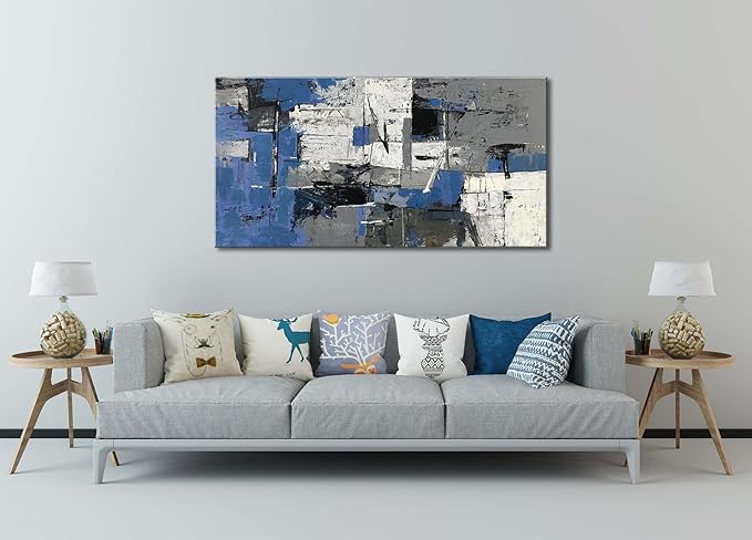 weiyiart Modern Abstract Wall Art – Blue Gray White Canvas Painting, Large 24"x48" Landscape Artwork for Living Room, Bedroom, Bathroom Office – Ready to Hang