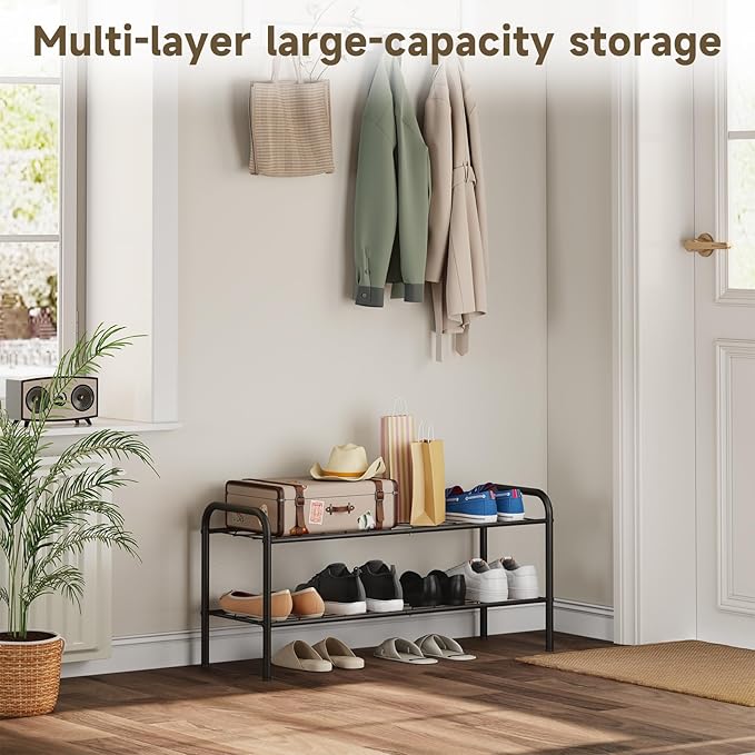 2-Tier Metal Shoe Rack, Free Standing Shoe Storage Rack for Entryway, Closet and Hallway (Black, 2-Tier)