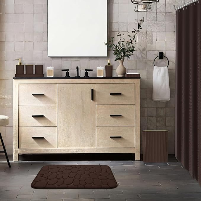 Bathroom Accessories Set - 25PC Brown Bathroom Sets with Shower Curtain and Rugs, Bathroom Accessory Set, Brown Shower Curtain Set, Trash Can, Qtip Holder Dispenser & Soap Dispenser