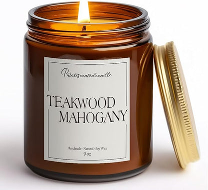 Mahogany & Teakwood Highly Scented Candles for Home, 9oz Natural Soy Aromatherapy Organic Candle with Essential Oil, Home Fragrance Stress Relief & Meditation Jar Candles Gifts for Men Women